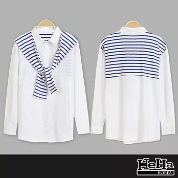 襯衫 藍條紋拼接假披肩長袖襯衫 白色-HeHa-L*