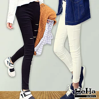 長褲 彈性破洞小高腰割破修身鉛筆褲 二色-HeHa-FREE(白色)