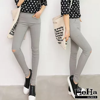 長褲 膝蓋破洞修身鉛筆窄管褲 五色-HeHa-FREE(灰色)