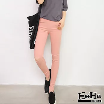 長褲 膝蓋破洞修身鉛筆窄管褲 五色-HeHa-FREE(淺粉)