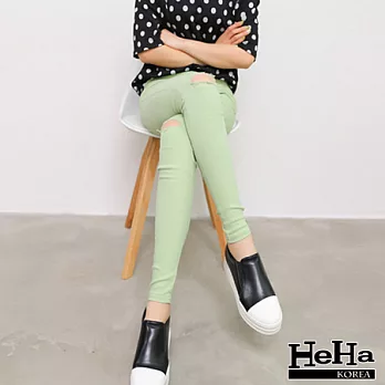 長褲 膝蓋破洞修身鉛筆窄管褲 五色-HeHa-FREE(淺綠)