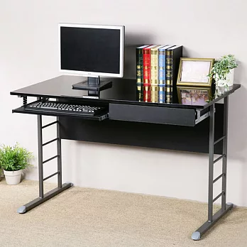 《Homelike》馬克120cm辦公桌-亮面烤漆(附抽屜、鍵盤架)(兩色可選)黑色桌面炫灰桌腳