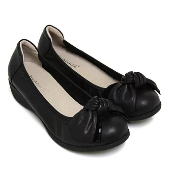 ◤Green Phoenix◥柔情經典立體扭轉蝴蝶結壓克力水鑽束口全真皮楔型娃娃鞋35黑色