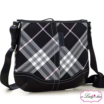 【a Lady ’s真皮】極簡風格紋斜背包(黑粉)