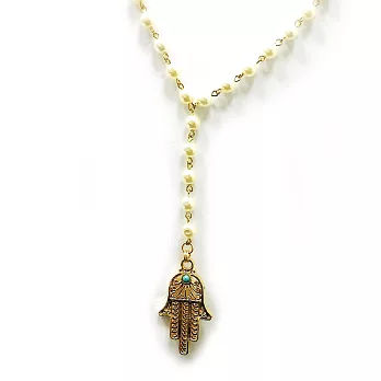 Ettika 美國品牌 古典雕花幸運手掌 白珍珠 Y字型長項鍊 HAMSA