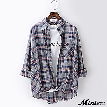 襯衫 寬鬆棉麻格紋長袖襯衫 二色-Mini嚴選-FREE(藍色)