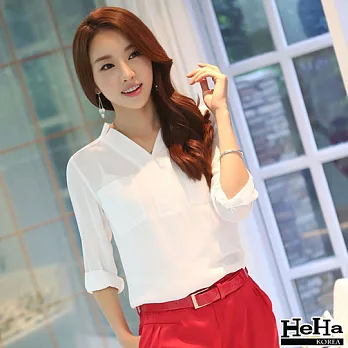 雪紡 長袖V領寬鬆雪紡襯衫 二色-HeHa-S(白色)