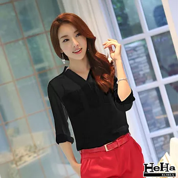 雪紡 長袖V領寬鬆雪紡襯衫 二色-HeHa-S(黑色)