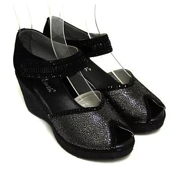 ◤Green Phoenix◥神秘艷麗爆裂紋光澤壓克力水鑽異材質拼接沾黏式繞踝楔型魚口鞋36銀色