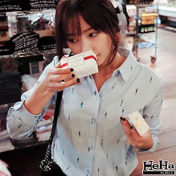 襯衫 棉麻人物印花翻領長袖襯衫 藍色-HeHa-FREE*FREE藍色