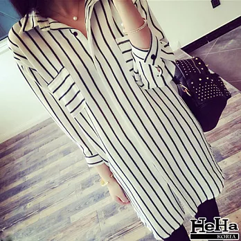 襯衫 長版抗皺條紋七分袖襯衫 二色-HeHa-FREE(白色)