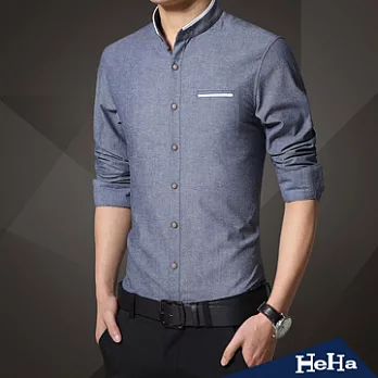 襯衫 拼接立領假口袋修身長袖襯衫 三色-HeHa-XL(牛仔藍）