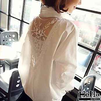 襯衫 寬鬆刺繡V領長袖襯衫 白色-HeHa-S*