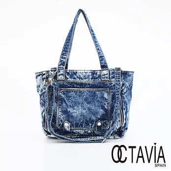 OCTAVIA 8 - 鬼洗無印裝飾拉鍊大口袋肩斜二用牛仔包 - 石洗藍石洗藍