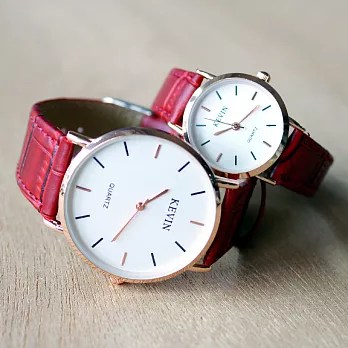 kevin 3068 簡約復刻 皮革錶帶石英情侶錶-酒紅小型