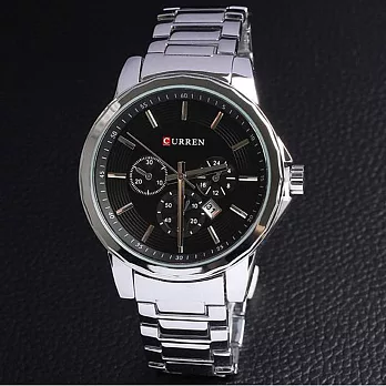 CURREN卡瑞恩 8129 成熟三眼商務手錶 日曆鋼帶石英錶-銀色