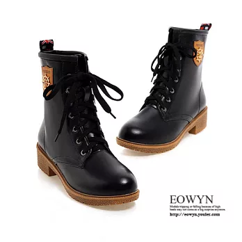 EOWYN.英倫時尚學院風綁帶百搭素色平底粗跟短靴EMD01815-66/3色/34-39碼現貨+預購黑色34