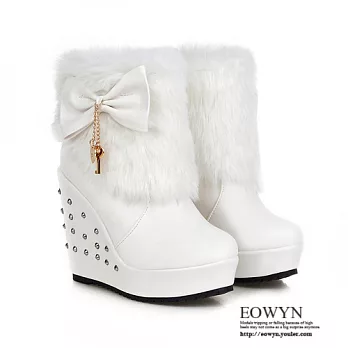 EOWYN.秋冬時尚新品甜美蝴蝶結垂飾鉚釘毛絨坡跟短靴EMD01843-80/3色/34-39碼現貨+預購白色34