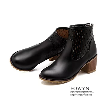 EOWYN.韓系時尚個性包鞋簡約拉鏈休閒百搭粗跟牛津短靴EMD01854-69/4色/34-39碼現貨+預購黑色34