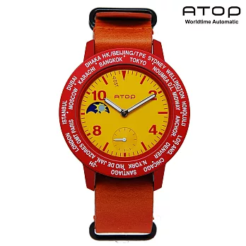 ATOP|世界時區腕錶-24時區潮流系列真皮款 - (紅黃/橘)