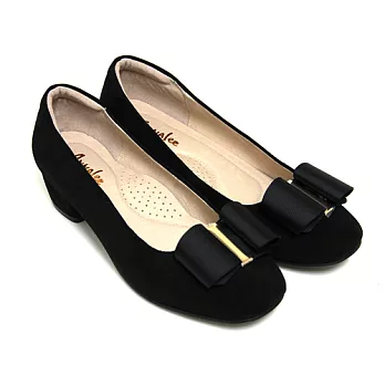 ANNALee 俏麗甜美立體蝴蝶結金屬片牛麂皮低粗跟娃娃鞋35.5黑麂