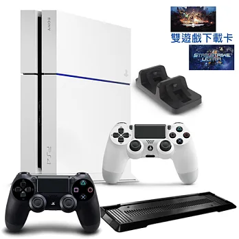 SONY PS4主機 CUH-1207系列500G-冰河白+第二手把任選*1+副場直立架任選*1+副場雙手把充電座送小藍限量雙遊戲下載卡手把-黑+副直立-黑