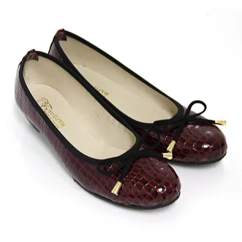 【Pretty】輕熟光澤動物壓紋蝴蝶結低跟娃娃鞋24.5紅色