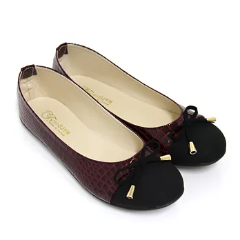 【Pretty】經典光澤動物壓紋拼接蝴蝶結平底娃娃鞋24.5紅色