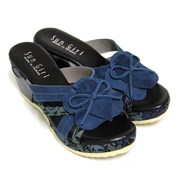 ◤Green Phoenix◥絕美優雅綁帶蝴蝶結幾何圖形撞色壓花紋全真皮楔型拖鞋22深藍色