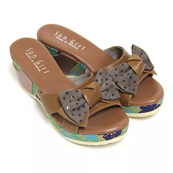 ◤Green Phoenix◥經典柔情異材質拼接立體點點蝴蝶結撞色壓花紋全真皮楔型拖鞋23卡其色