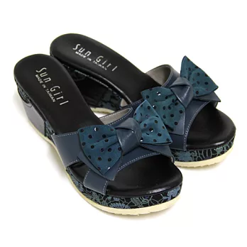 ◤Green Phoenix◥經典柔情異材質拼接立體點點蝴蝶結撞色壓花紋全真皮楔型拖鞋22深藍色