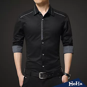 襯衫 純綿紳士簡約拼接長袖襯衫 四色-HeHa-2XL(黑色)
