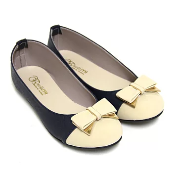 【Pretty】簡單輕恬拼接蝴蝶結平底娃娃鞋24.5藍色