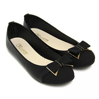 【Pretty】簡單輕恬拼接蝴蝶結平底娃娃鞋24.5黑色