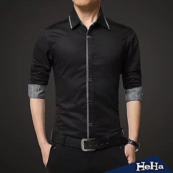 襯衫 純棉拼色修身長袖襯衫 四色-HeHa-2XL(黑色)