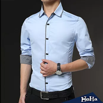 襯衫 純棉拼色修身長袖襯衫 四色-HeHa-L(淺藍)