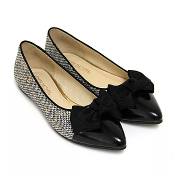 ◤Green Phoenix◥古著俏麗大朵緞面蝴蝶結仿金箔異材質拼接毛呢平底尖頭娃娃鞋5黑亮