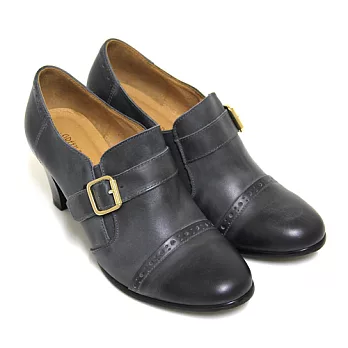 ◤Green Phoenix◥復古樂章仿舊雕花金屬飾扣套入式臘感牛皮粗高跟牛津鞋35藍色