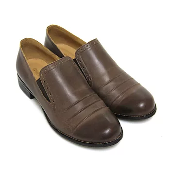 ◤Green Phoenix◥帥氣個性自然抓皺雕花紋套入式全真皮低粗跟牛津鞋5.5可可色