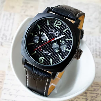 CURREN 卡瑞恩8158完美黑色雙圈格紋錶盤皮革錶-黑色