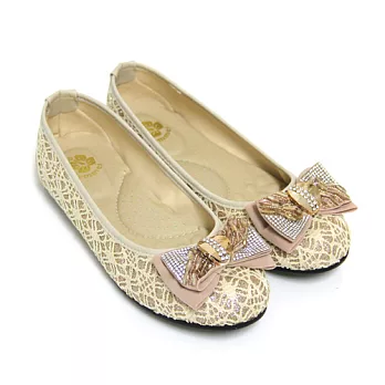 【Pretty】絕美閃耀水鑽朵結拼接蕾絲平底娃娃鞋23米色