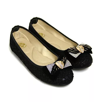 【Pretty】絕美閃耀水鑽朵結拼接蕾絲平底娃娃鞋23黑色