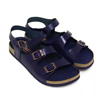 【Pretty】飽和色彩真皮飾釦沾黏式休閒涼鞋22.5藍色