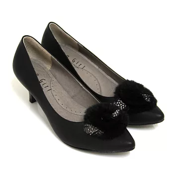 ◤Green Phoenix◥柔美雅典圓形層次蓬鬆毛絨臘感皮革尖頭漆皮低跟包鞋22.5黑色