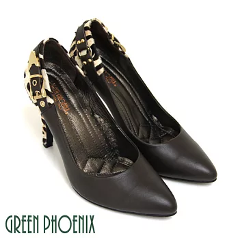 ◤Green Phoenix◥BIS-VITAL 摩登野艷動物紋路金屬裝飾扣義大利小牛皮尖頭馬毛高跟鞋35咖啡色