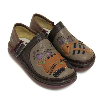 稚氣童話貓咪吃魚兒圖案撞色線條手縫套入式全真皮平底氣墊休閒包鞋34咖啡色