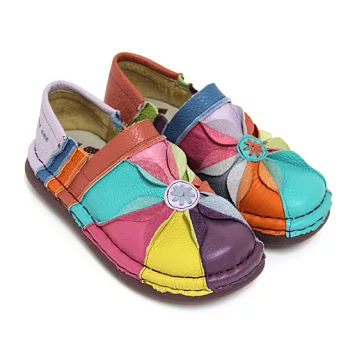 ◤Green Phoenix◥溫暖悸動不對稱色彩綻放花朵線條手縫套入式全真皮平底氣墊休閒包鞋34五彩