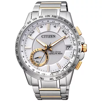 CITIZEN Eco-Drive 瞻望未來衛星對時男錶-白x金x雙色錶帶