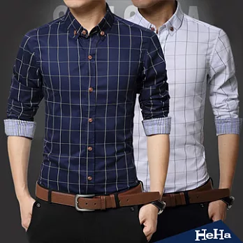 襯衫 纯棉格紋長袖襯衫 三色-HeHa-XL(深藍)