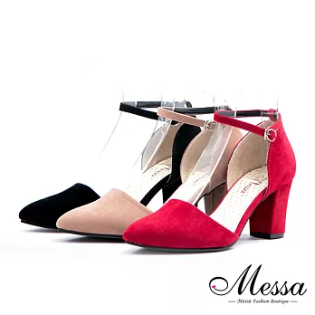 【Messa米莎專櫃女鞋】MIT 法式絕美繫踝內真皮尖頭瑪莉珍粗跟包鞋37黑色
